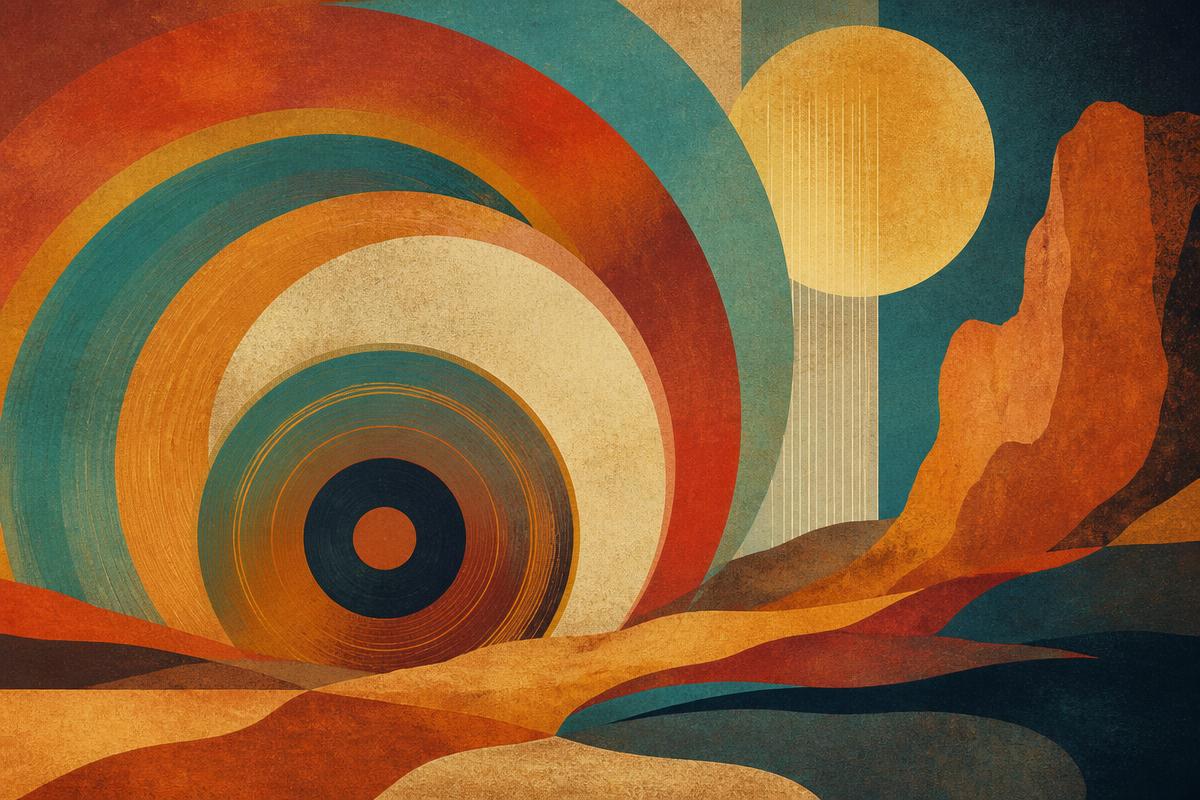 Abstract retro soul artwork with vinyl textures and desert forms